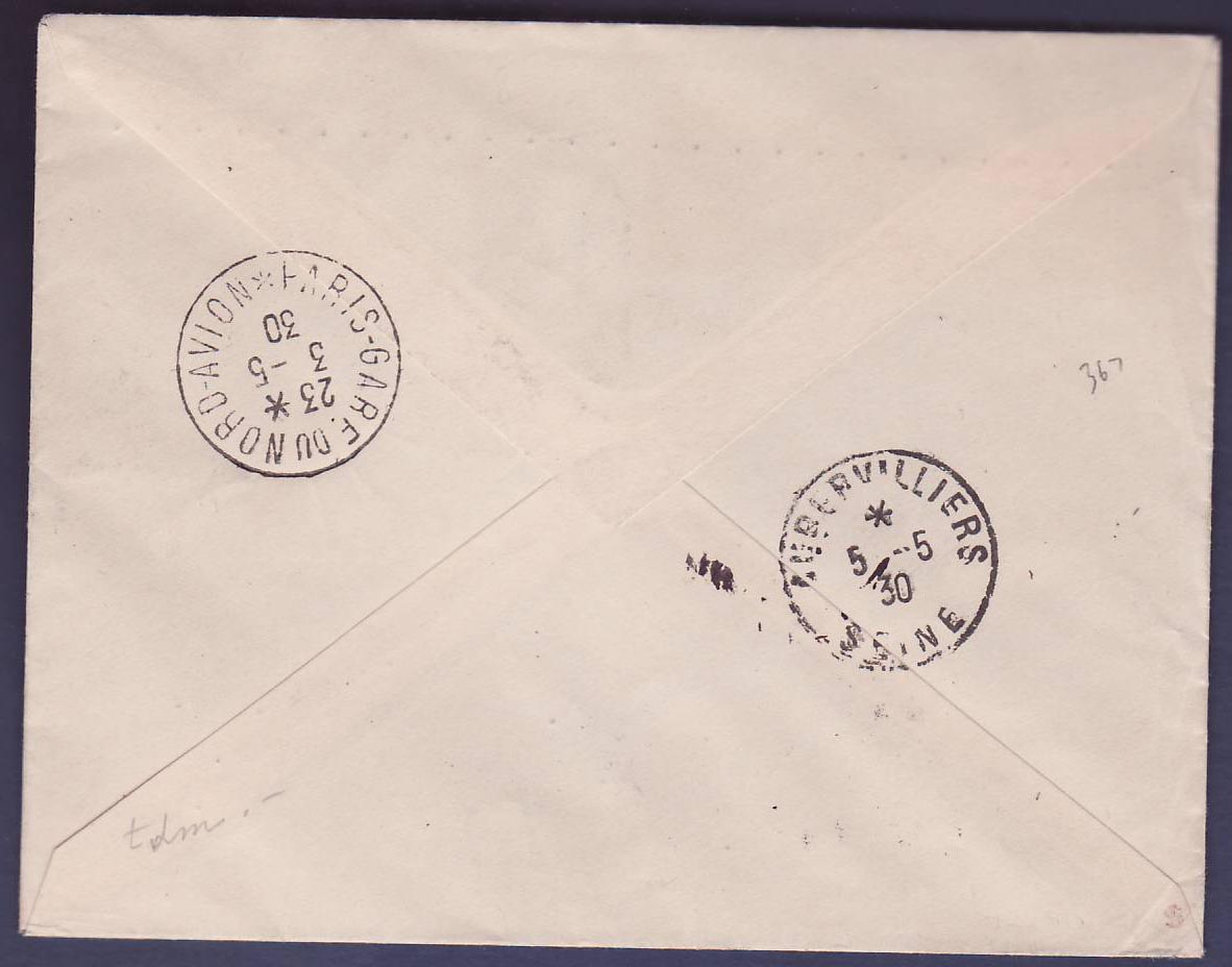 Soudan Rarissime 1er Vol Gao Madagascar France 22 AVRIL 1930 pour Aubervilliers  Signature d'un pilote — Verso
