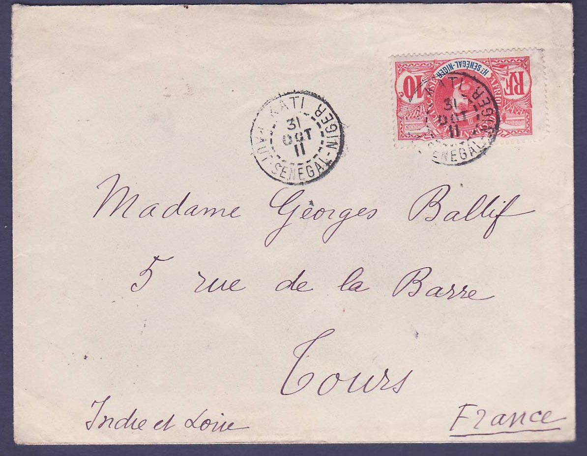 Soudan Lettre 10c Faidherbe obl Kati 31 OCT 11 pour Tours