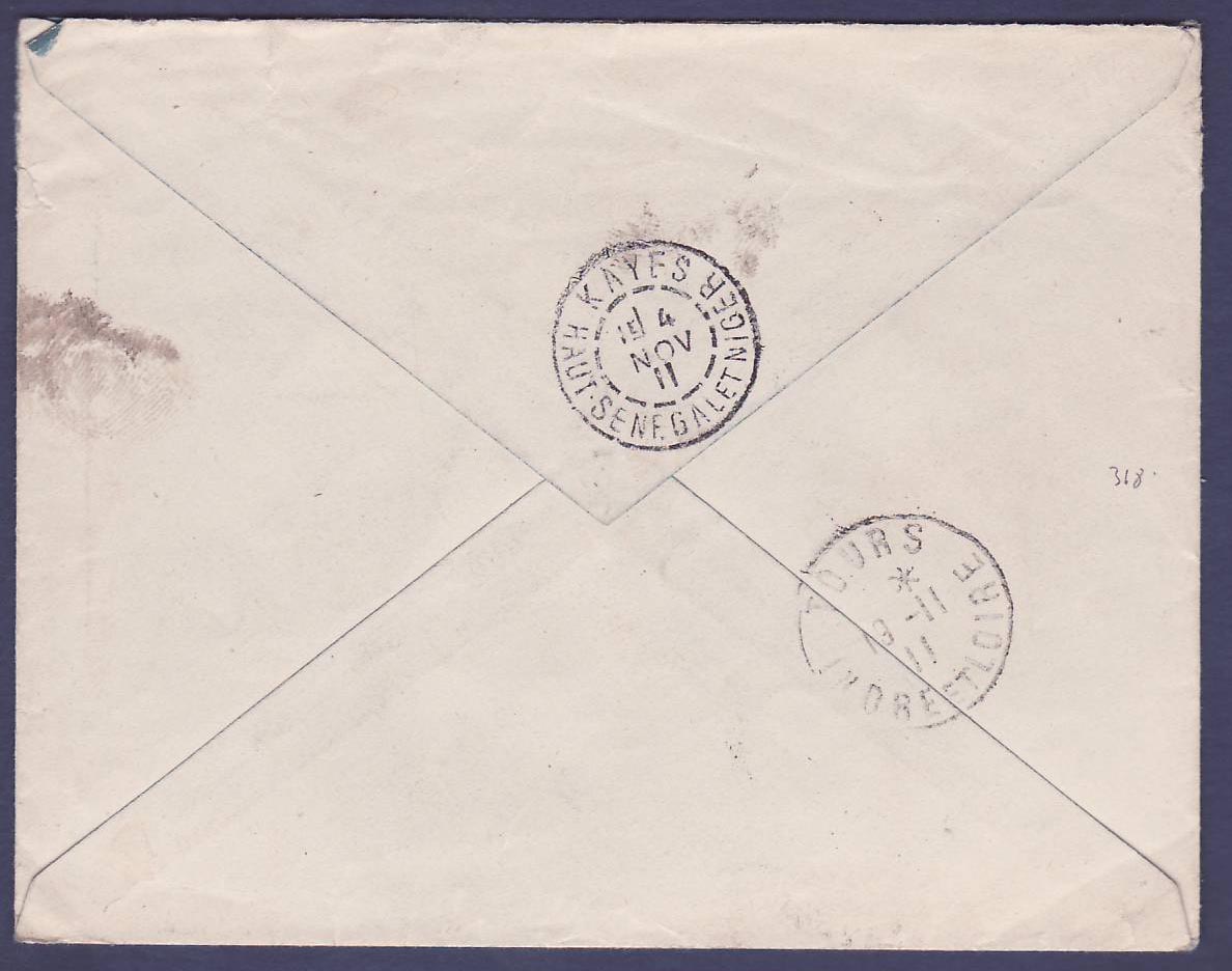 Soudan Lettre 10c Faidherbe obl Kati 31 OCT 11 pour Tours — Rückseite