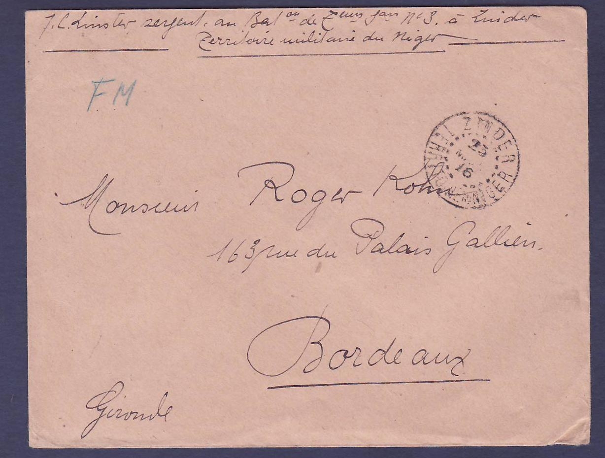 Guinee Lettre Franchise Militaire Cachet Zinder 1916 pour Bordeaux  France