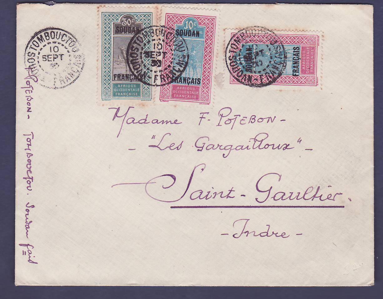 Soudan Bon affranchissement obl Tombouctou 10 SEPT 30 pour Saint Gaultier  Indre  France