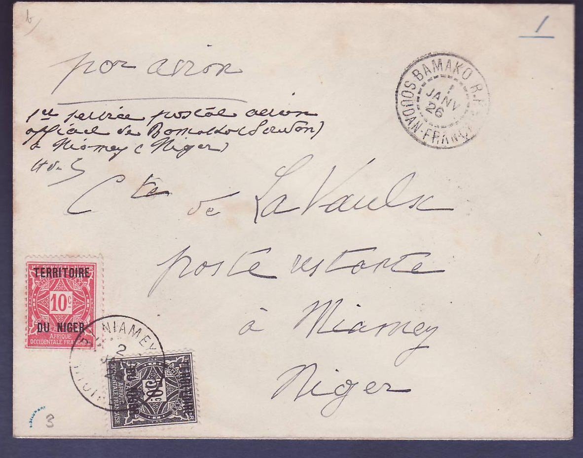 Soudan 1er Vol Comte de la Vaulx Bamako Niamey (4 plis existants) RARE
