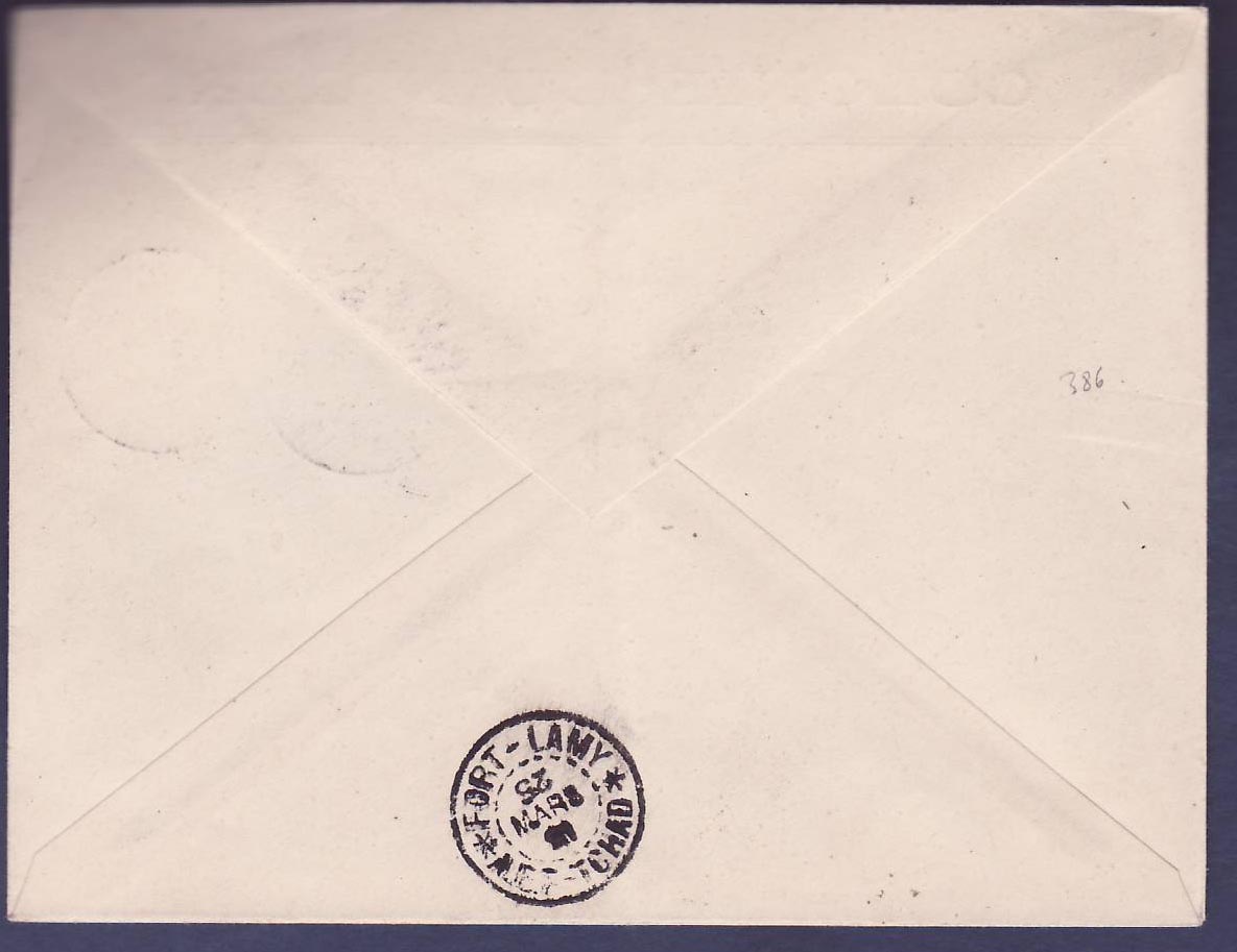 Niger Rare 1er Vol Princesse Marie Jose Zinder Fort Lamy Tchad cachet 5 MARS 25 — Verso