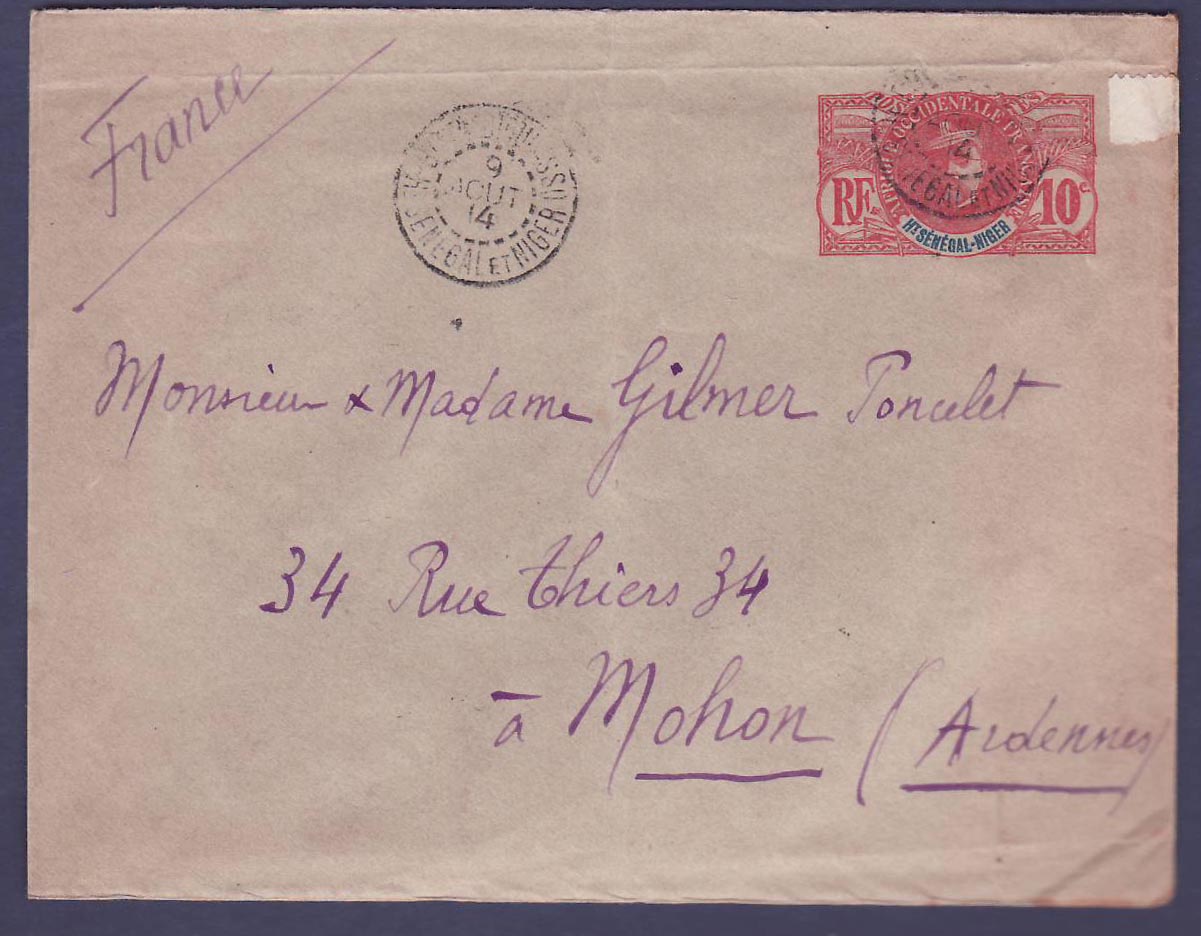 Haut Senegal & Niger Entier Postal cachet 9 AOUT 14 pour Mohon  Ardennes