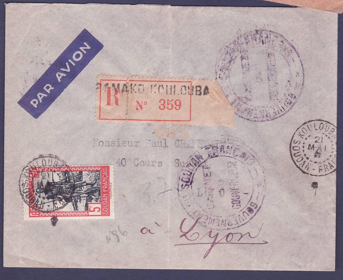 Soudan 5F lettre de Koulouba avec cachet du Gouverneur pour Lyon  21 MAI 40