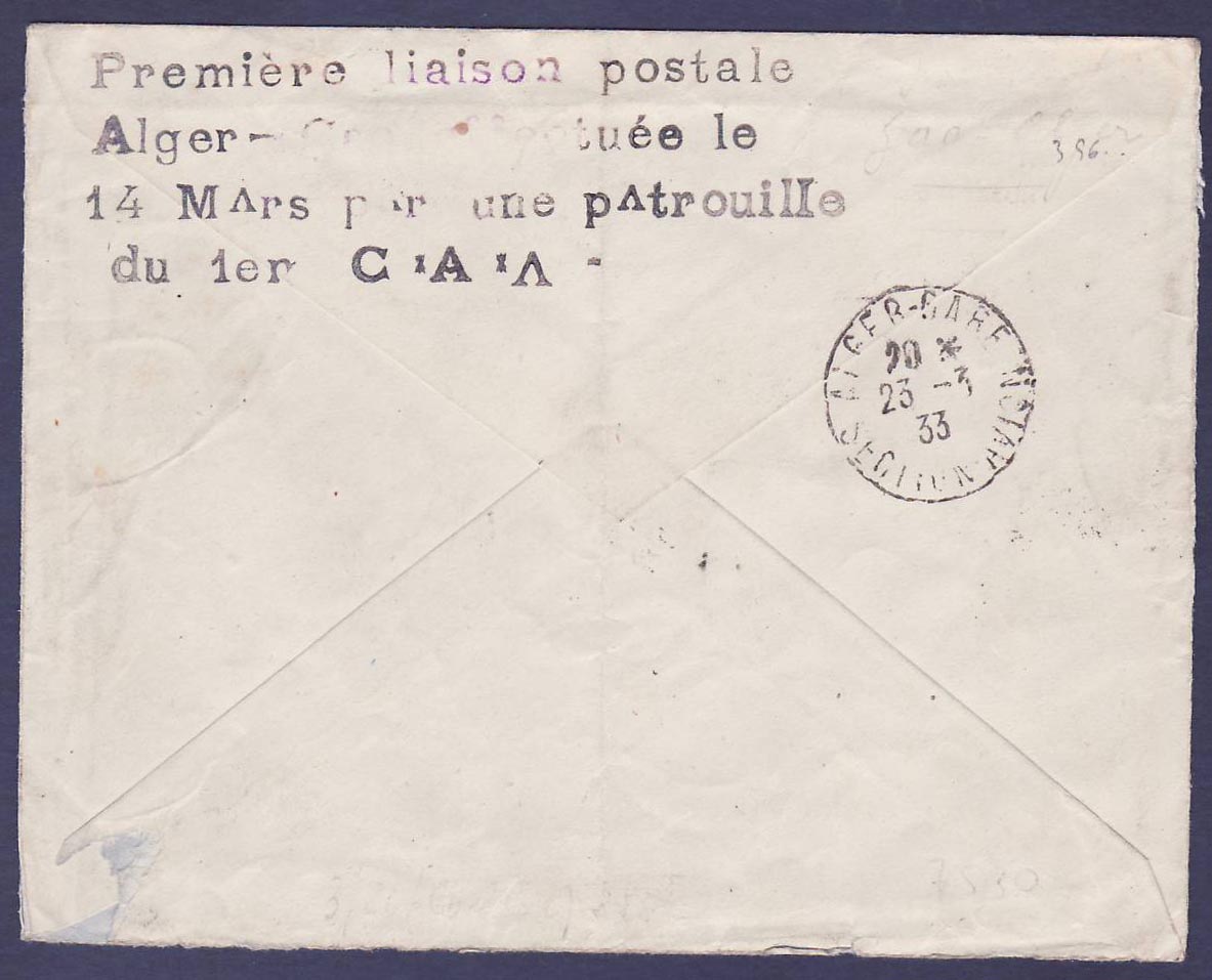 Soudan 1er Voyage Retour Gao Alger 20 MARS 33 avec griffe au dos Aviation Militaire — Verso
