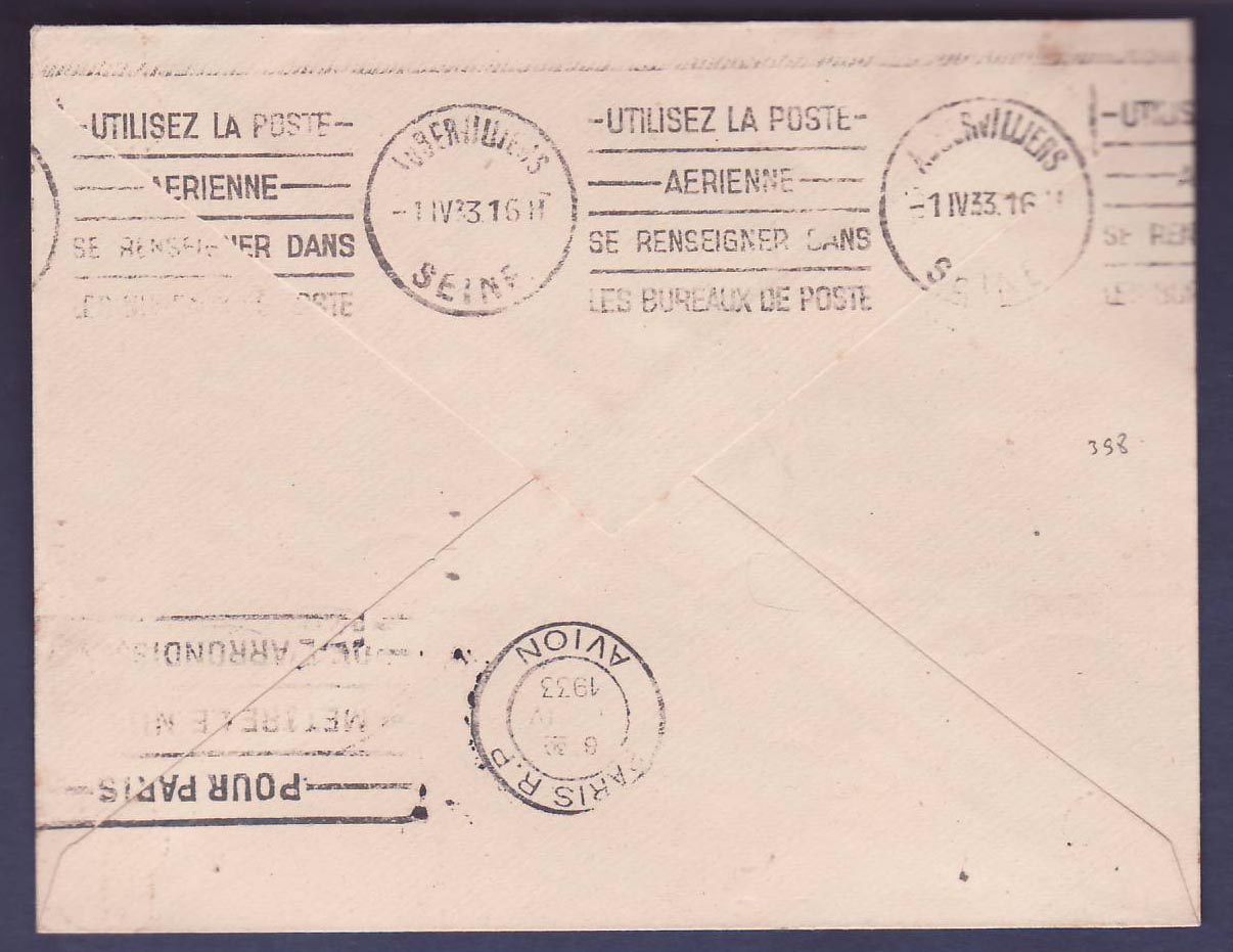 Niger 2eme Vol Zinder Alger obl 27 MAR 33 pour Aubervilliers — Back