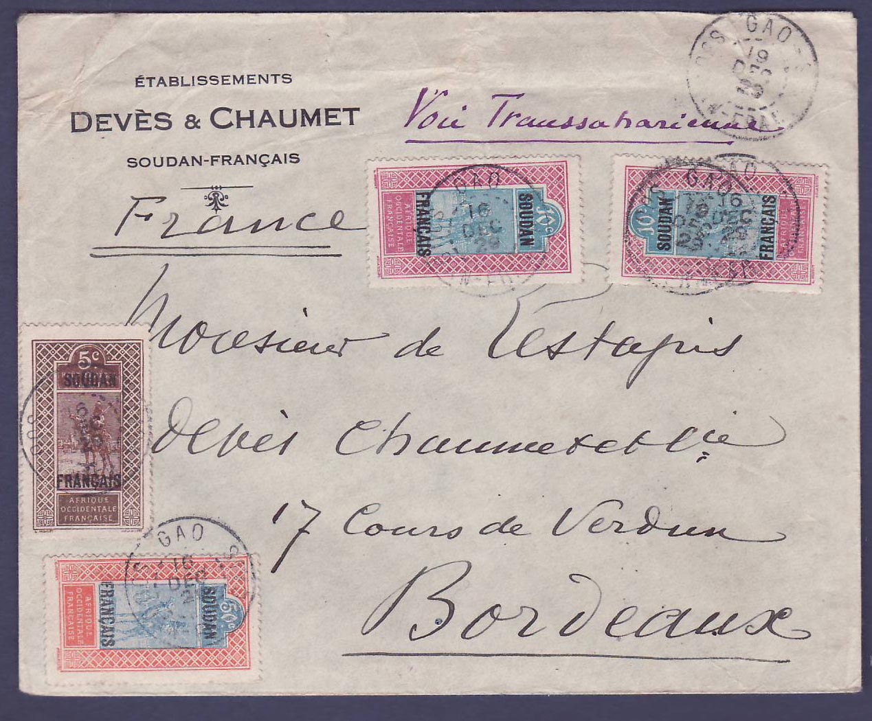 Soudan Lettre Voie transaharienne bon affranchissement obl Gao 19 DEC 29 pour Bordeaux