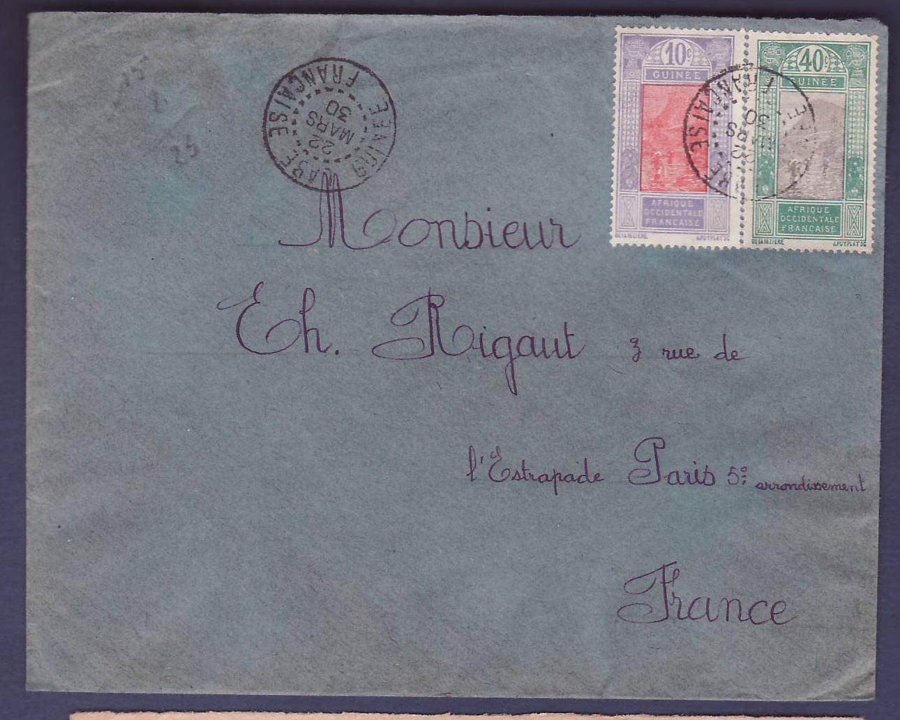 Lettre Guinee 40c + 10c Gue de Kitim obl Wabe  22 MAR 30 pour Paris  France