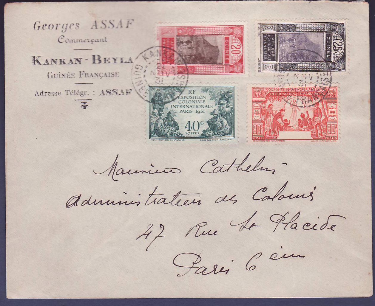 Lettre Guinee Gue de Kitim + Exposition colonaile donc valeur rouge SANS Surcharge  belle variété  obl Kankan 21 NOV 31 