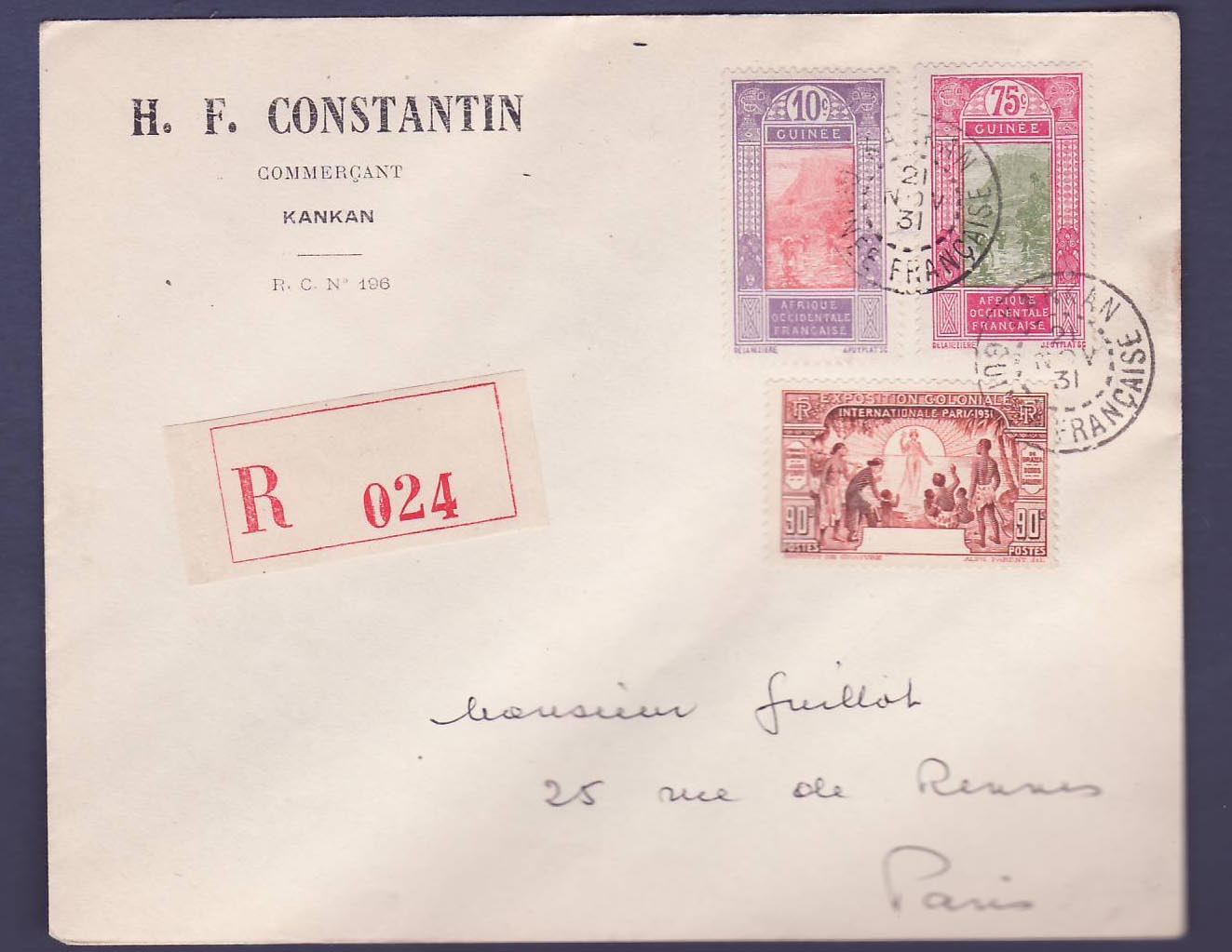 Lettre Guinee Gue de Kitim + Exposition colonaile valeur rouge SANS Surcharge  belle variété  obl Kankan 21 NOV 31 Rare
