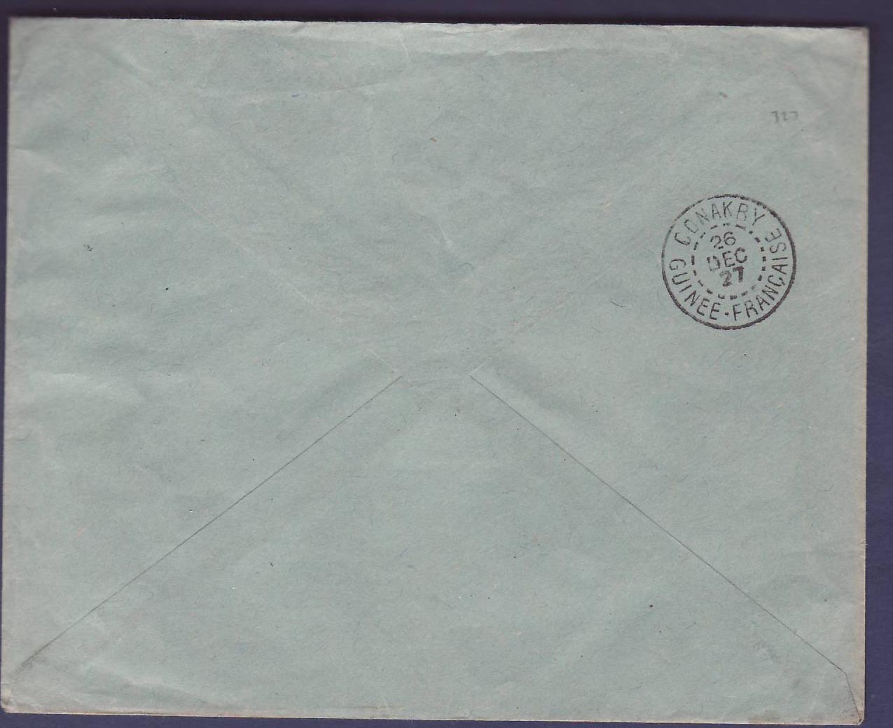 Lettre Guinee Gue de Kitim 50c seul sur lettre obl Mamou 25 DEC 27 pour Paris — Rückseite