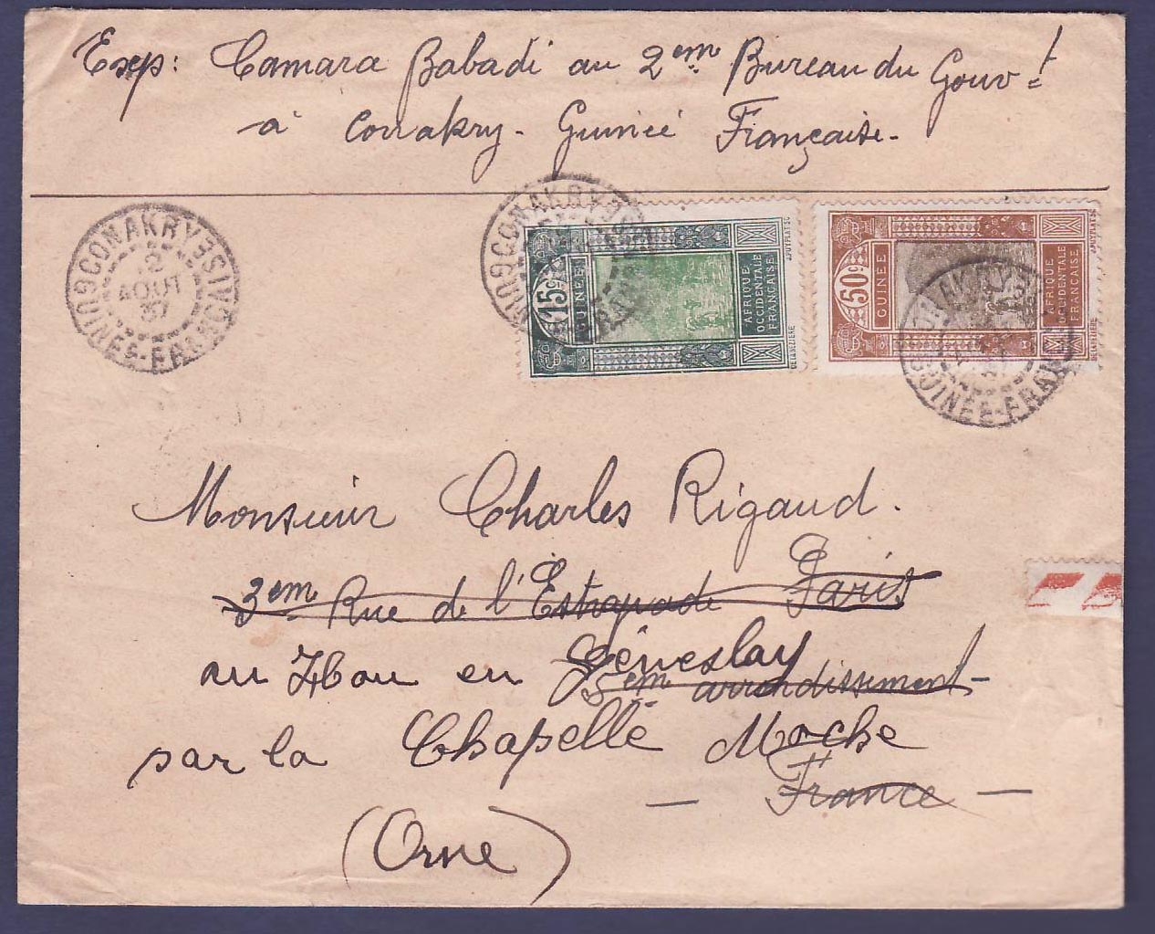 Lettre Guinee 15c +50c Gue de Kitim obl Conakry 12 AOU 30 pour Paris  reexp La Chapelle