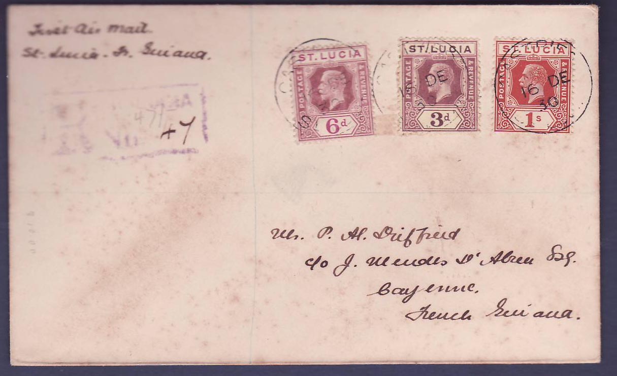 Cover  St Lucia First Air Mail St Lucia French Guiana 16 DEC 30 Cayenne Guyane