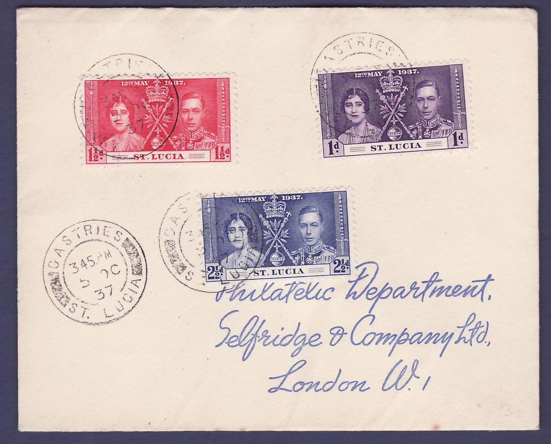St Lucia Coronation issue on Castries cover dated 5 OC 37 to London  England