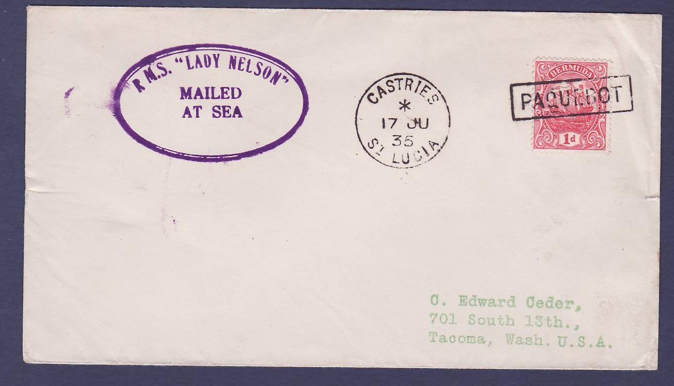 St Lucia 1d Bermdua Boat issue on Castries cover dated 17 JU 35 with unusual RMS Lady Nelson Mailed at Sea cancellation 