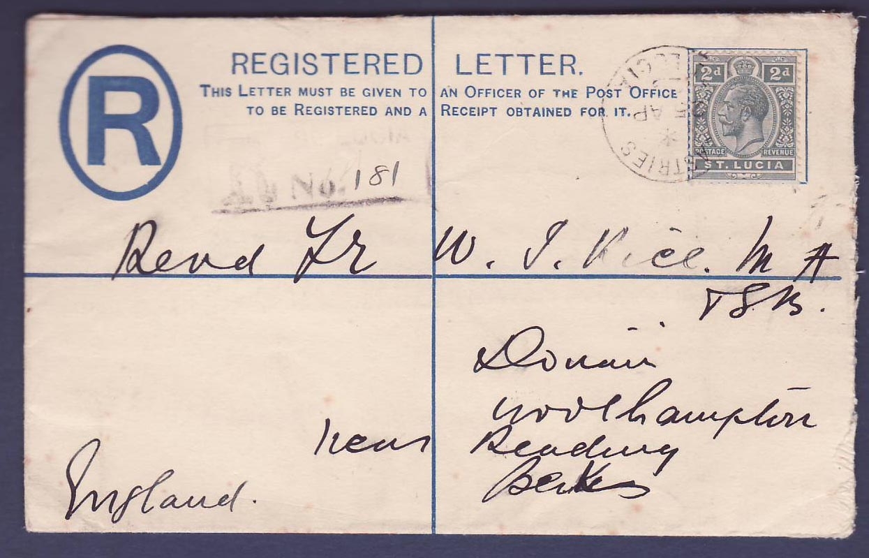 St Lucia 2d Registered letter can Castries 25 AP 29 to Berks  England
