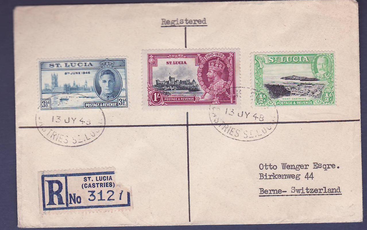 St Lucia Jubilee Issue + add values on Castries registered cover dated 13 JY 43 to Berne Bern Switzerland