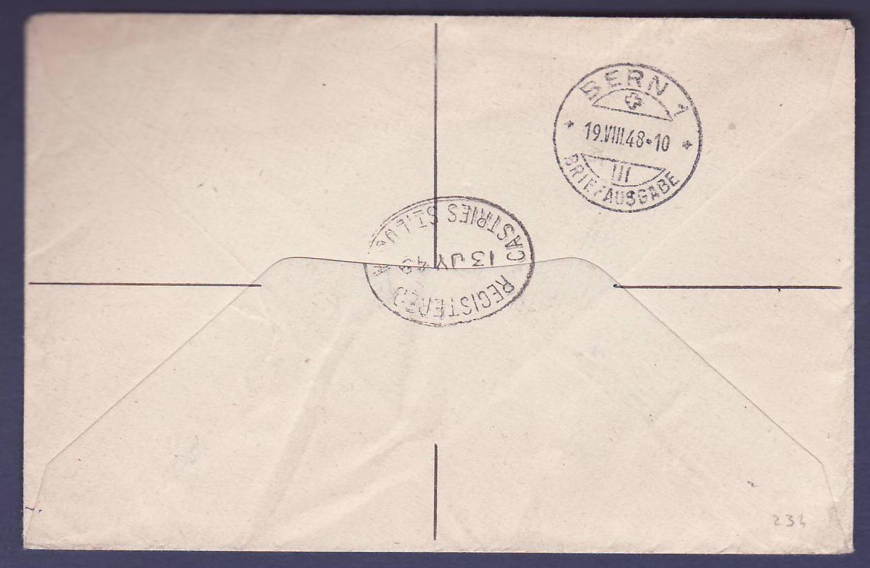 St Lucia Jubilee Issue + add values on Castries registered cover dated 13 JY 43 to Berne Bern Switzerland — Rückseite