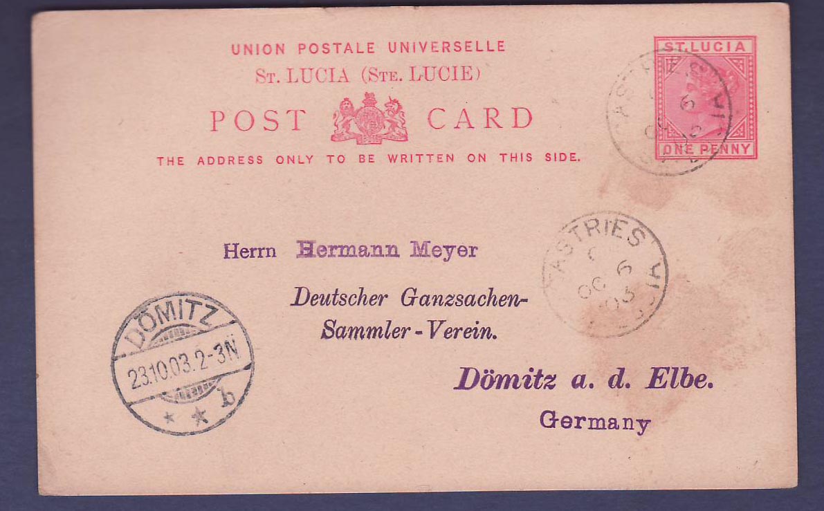St Lucia Postal stationary 1p Castries OC 03 to Domitz  Germany