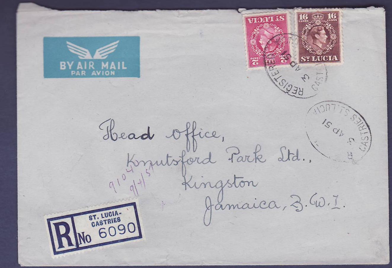 St Lucia 2c + 16cts definitive issued canc Castries 3 AP 51 to Kingston  Jamaica