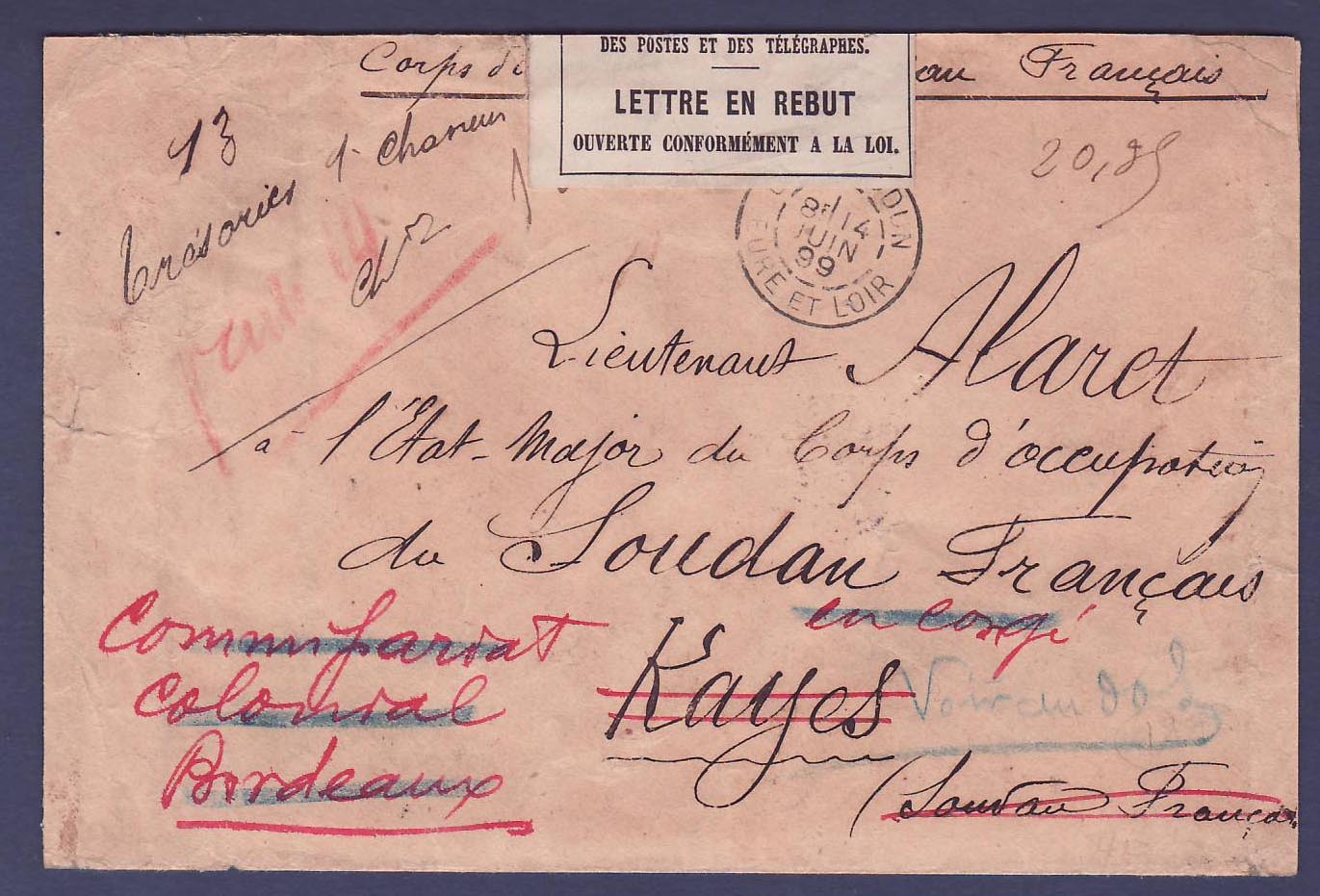 Soudan Lettre en Franchise militaire avec vignette Lettre de Rebut pour Kayes Soudan obl 14 JUIN 99  cachet Inconnu a l'