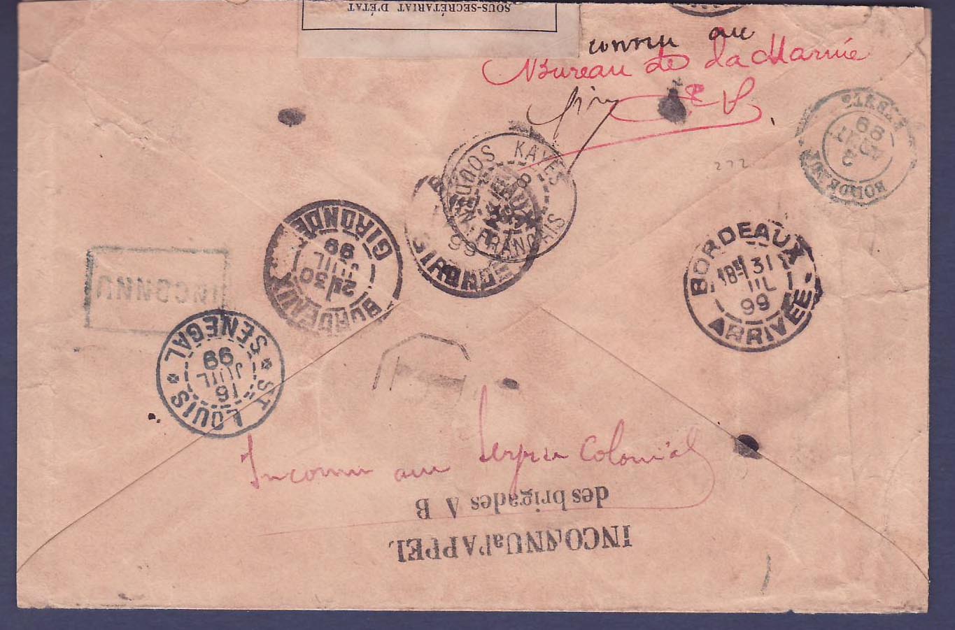 Soudan Lettre en Franchise militaire avec vignette Lettre de Rebut pour Kayes Soudan obl 14 JUIN 99  cachet Inconnu a l' — Rückseite