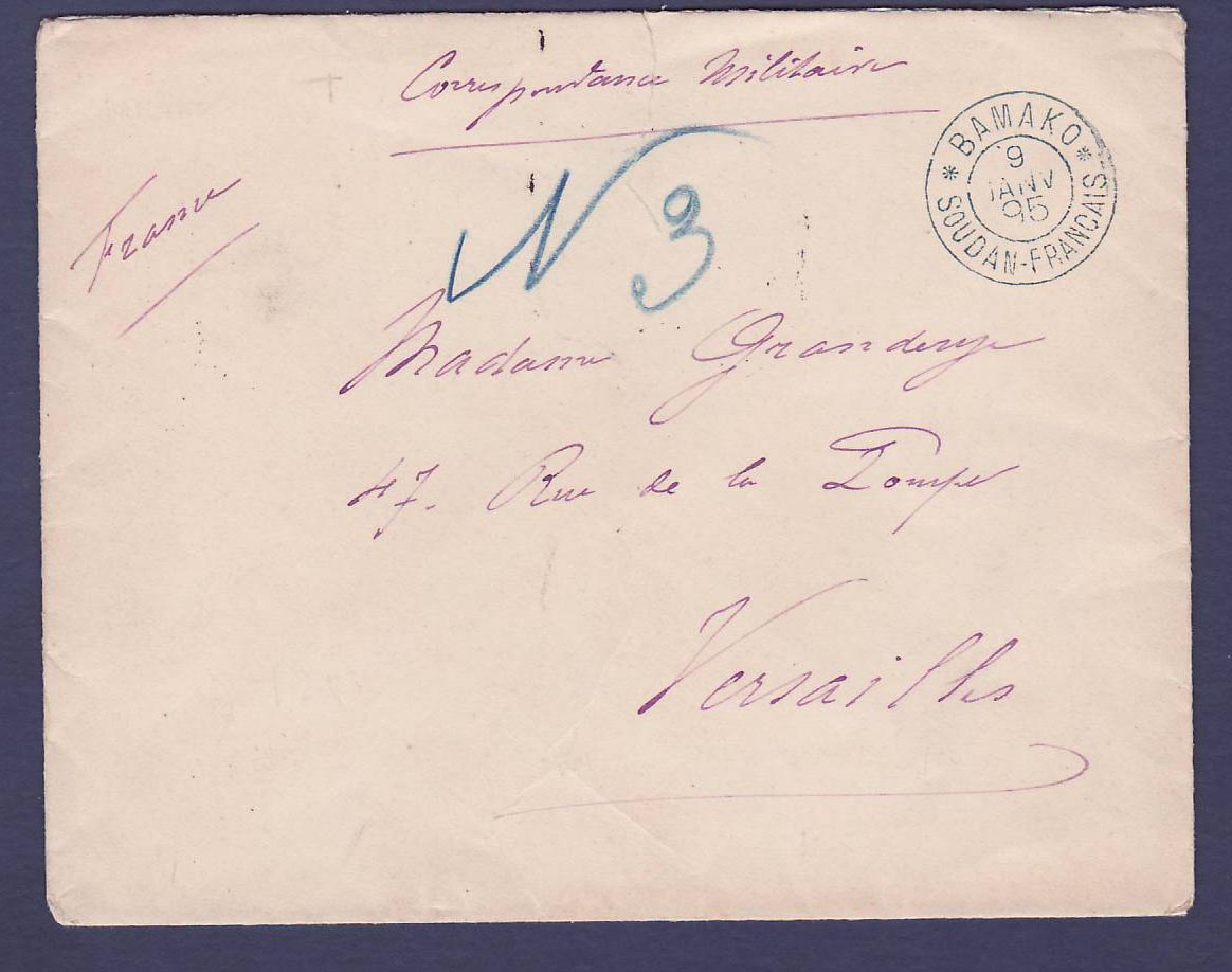 Soudan Lettre Correspondance Militaire pour Versailles obl cachet Bleu Bamako 9 JAN 95