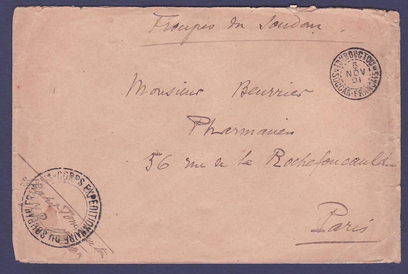 Soudan Lettre Correspondance Militaire obl Tombouctou 5 NOV 01 et Cachet Cachet Corps Expeditionnaire pour Paris