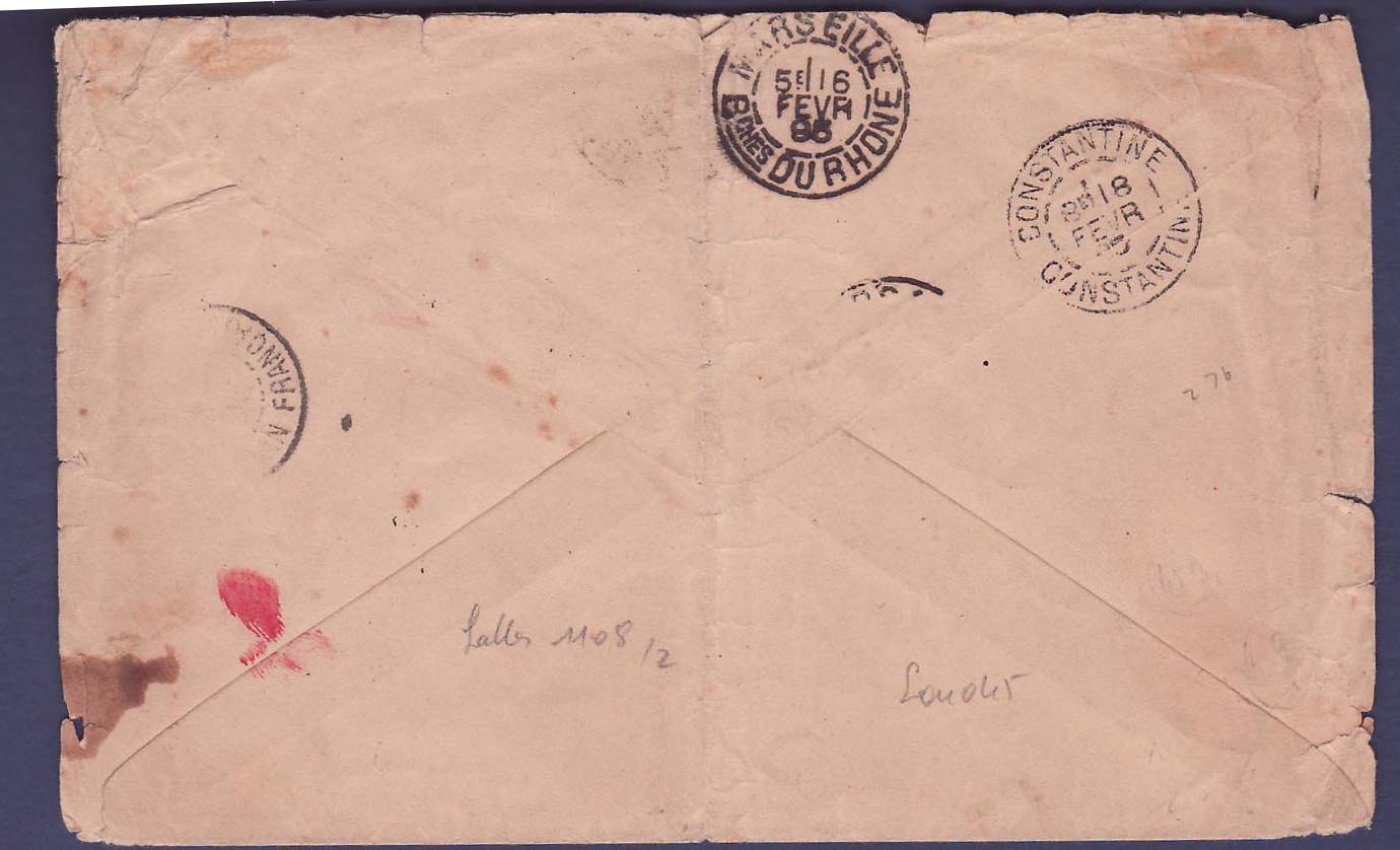 Soudan Lettre Correspondance Militaire obl Segou 3 JAN 95 et bon cachet maritime Ligne K n°2 pour Constantine  Algerie — Verso