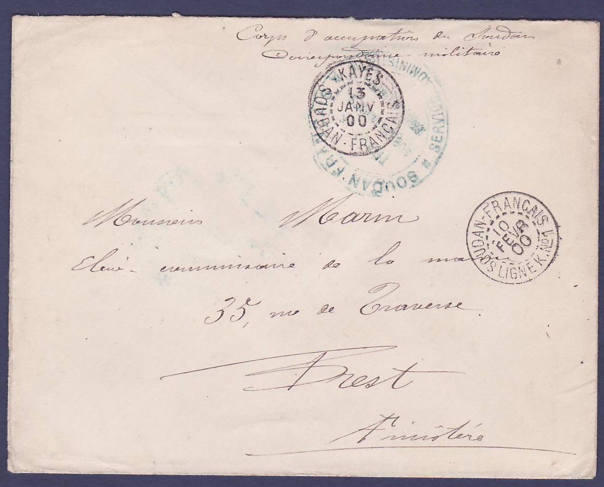 Soudan Lettre Correspondance Militaire obl Kayes 13 JAN 00 + cachet maritime Ligne K n°1 pour Brest  Finistere  France