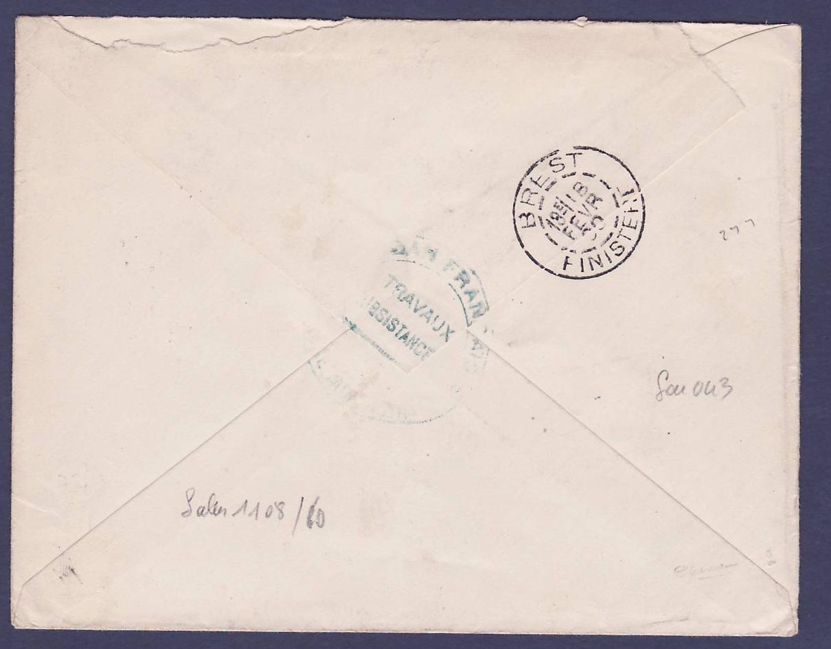 Soudan Lettre Correspondance Militaire obl Kayes 13 JAN 00 + cachet maritime Ligne K n°1 pour Brest  Finistere  France — Verso