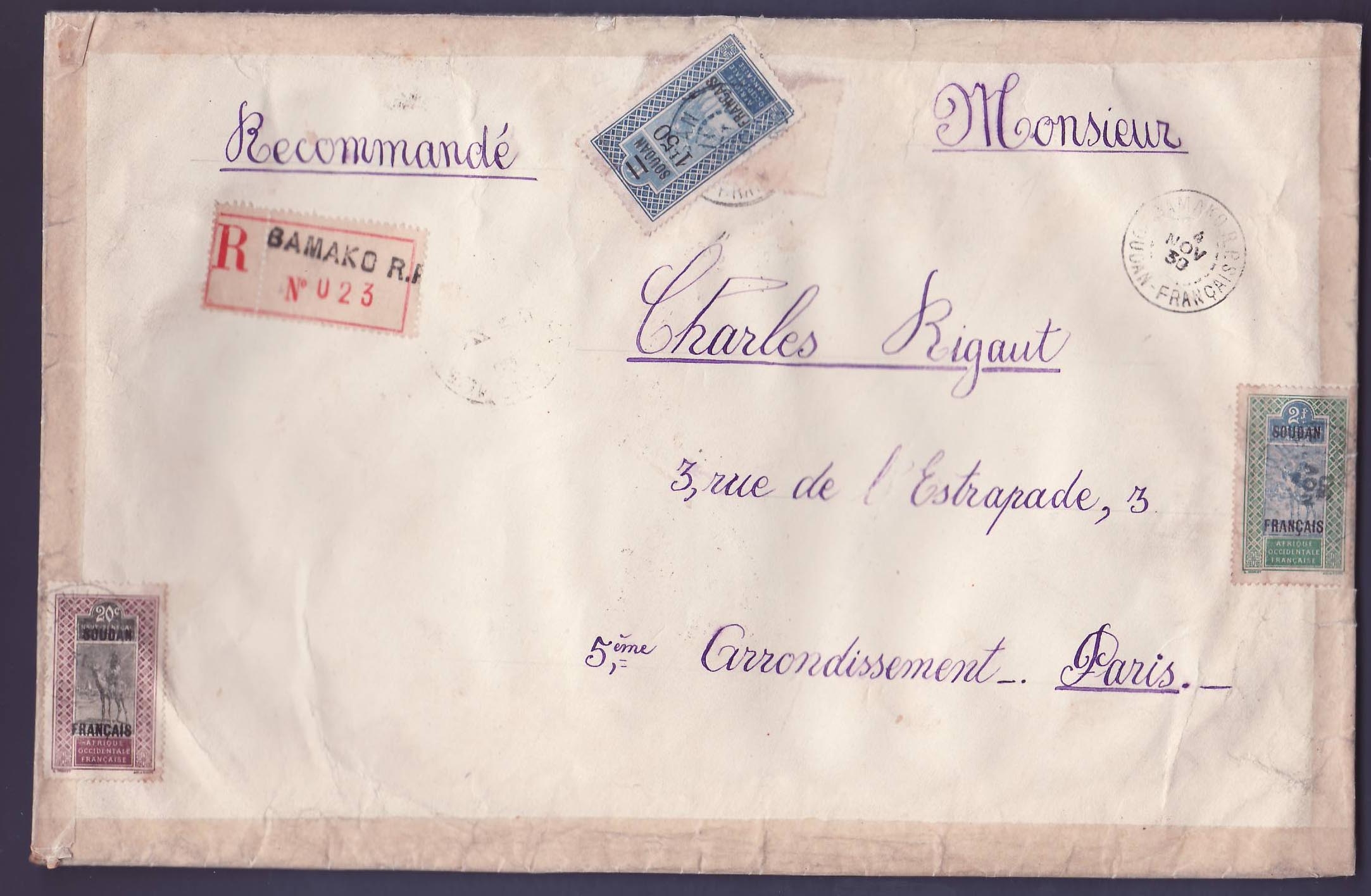 Soudan Grande Lettre Affr 2F + 1F50 obl Bamako 4 NOV 30 pour Paris  France  Rare
