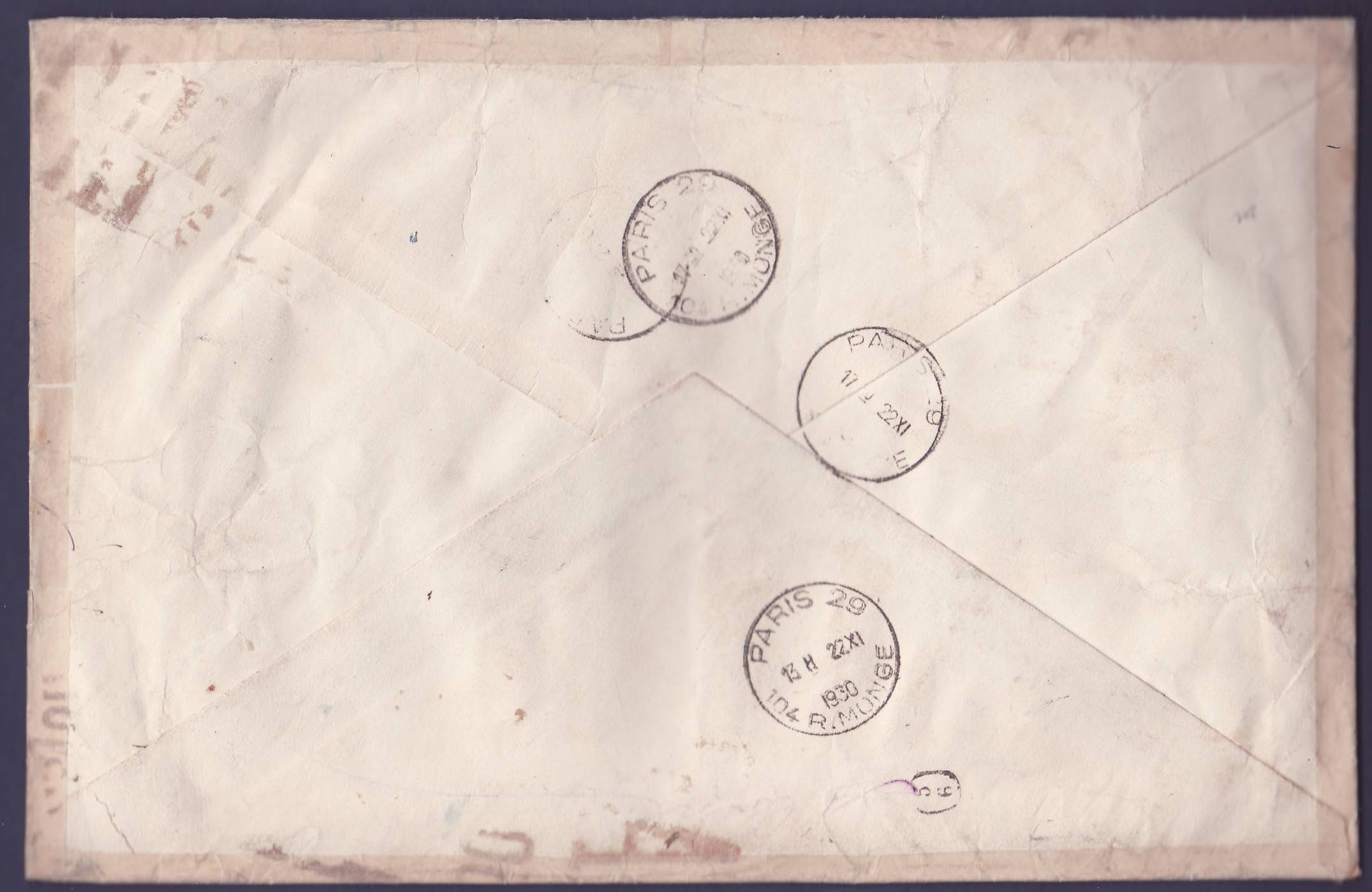 Soudan Grande Lettre Affr 2F + 1F50 obl Bamako 4 NOV 30 pour Paris  France  Rare — Rückseite