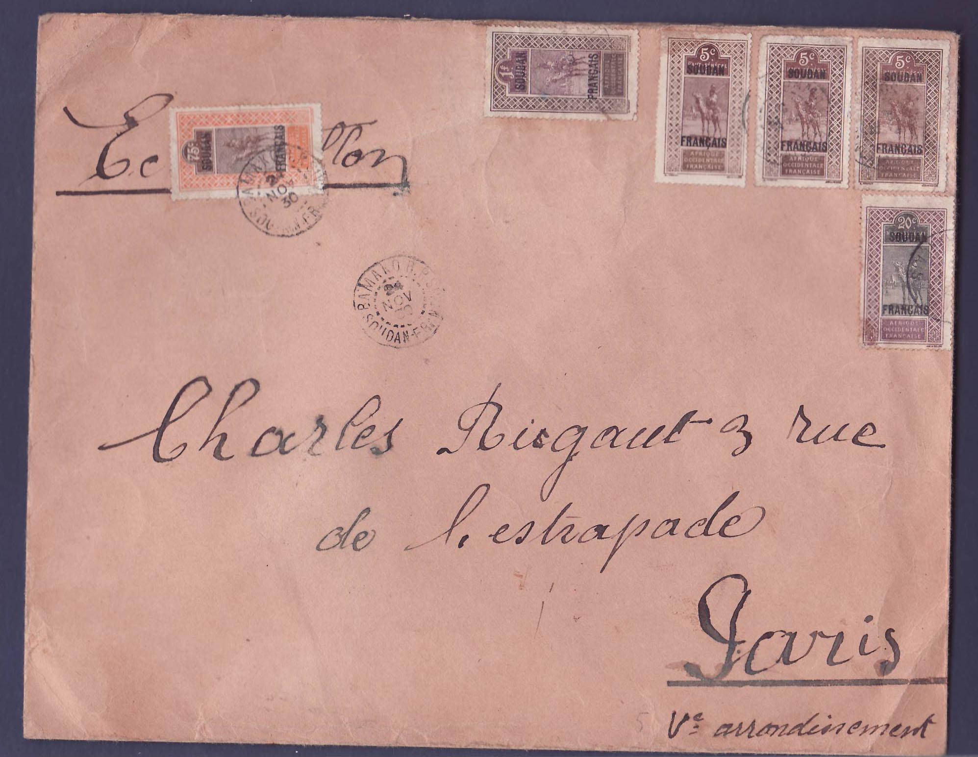 Soudan Belle lettre aff composé 1F +  75 c + 20 c + 3*5c obl Bamako 24 NOV 30 pour Paris  France
