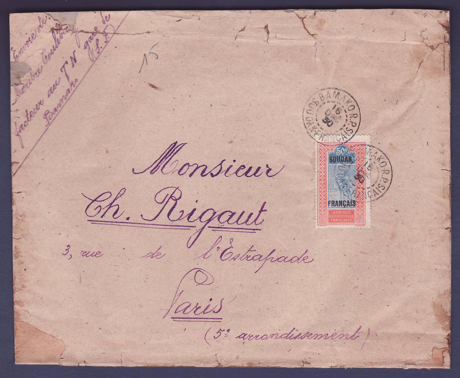 Soudan Lettre avec 50c seul pour Paris  France  obl Bamako 16 DEC 30
