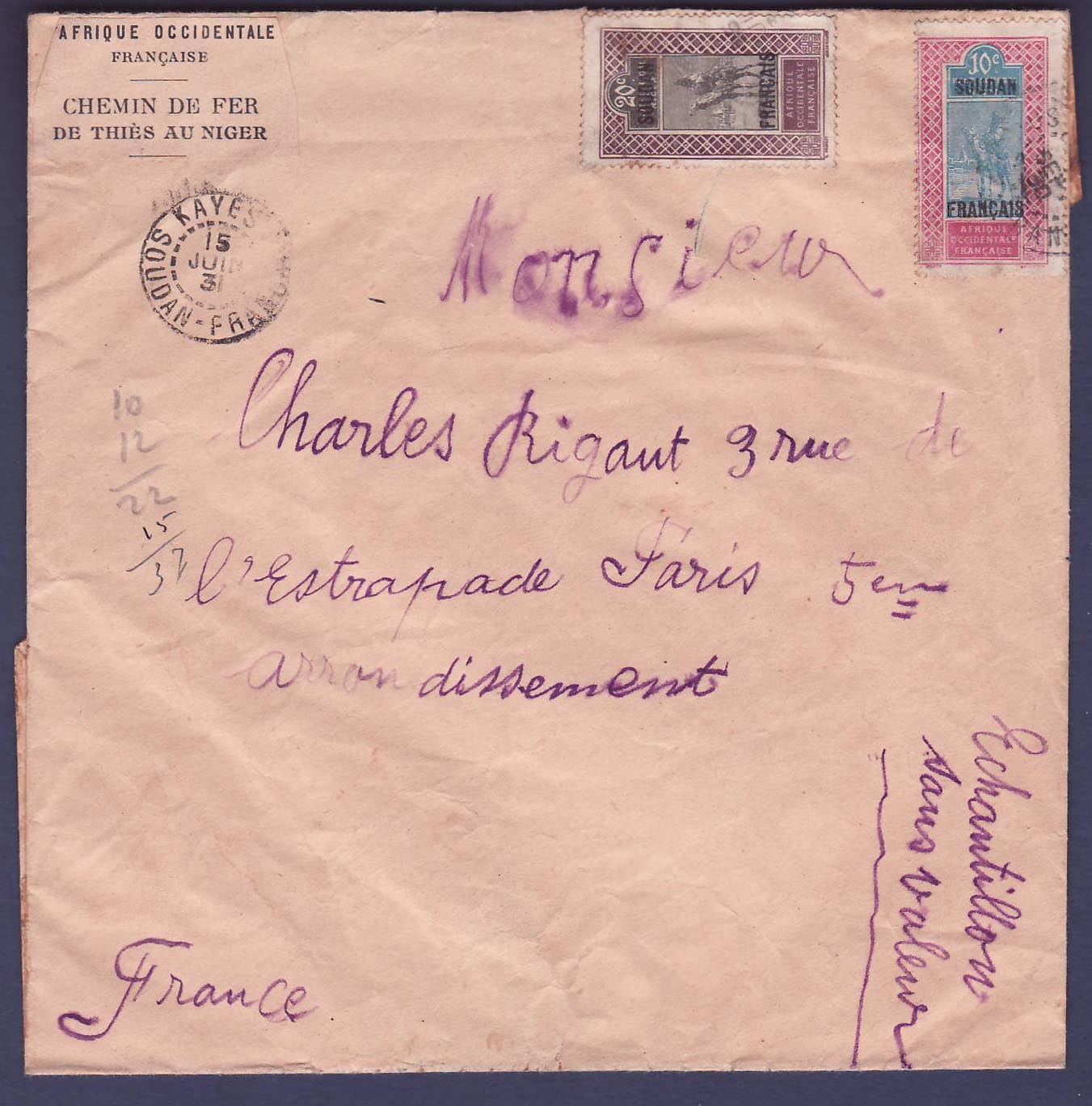 Soudan Lettre 10c + 20c + 50c au dos pour Paris France 