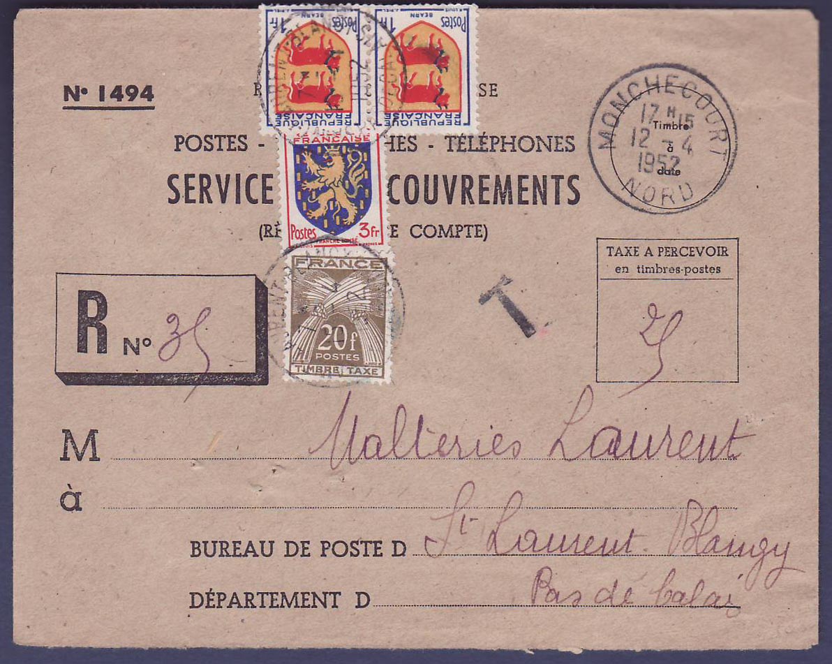 France Lettre Service des Recouvrements Monchecourt 1952 taxée (document rare)