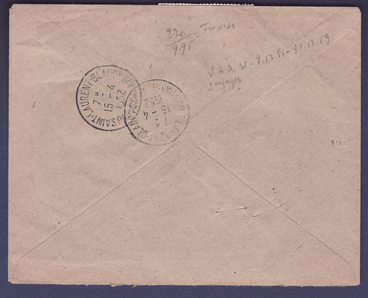 France Lettre Service des Recouvrements Monchecourt 1952 taxée (document rare) — Rückseite