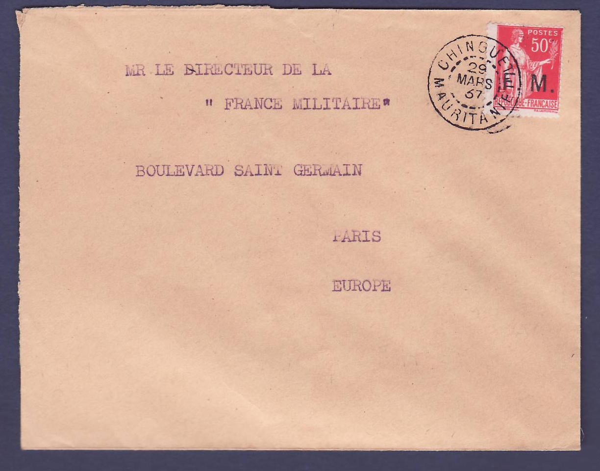 Mauritanie Lettre en Franchise Militaire avec Paix 50c SM obl Chinguette obl 29 MAR 37 Rare pour Paris  France