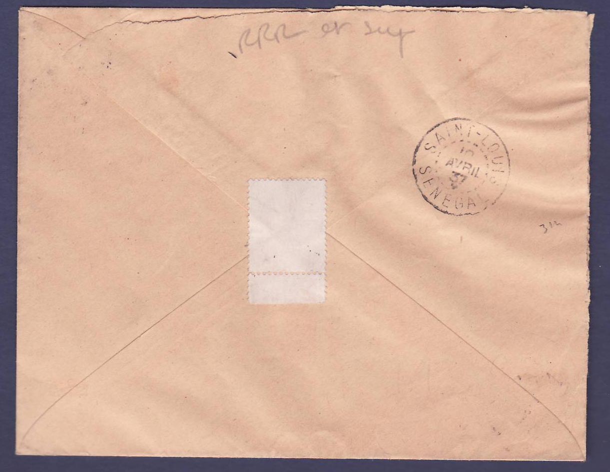 Mauritanie Lettre en Franchise Militaire avec Paix 50c SM obl Chinguette obl 29 MAR 37 Rare pour Paris  France — Back