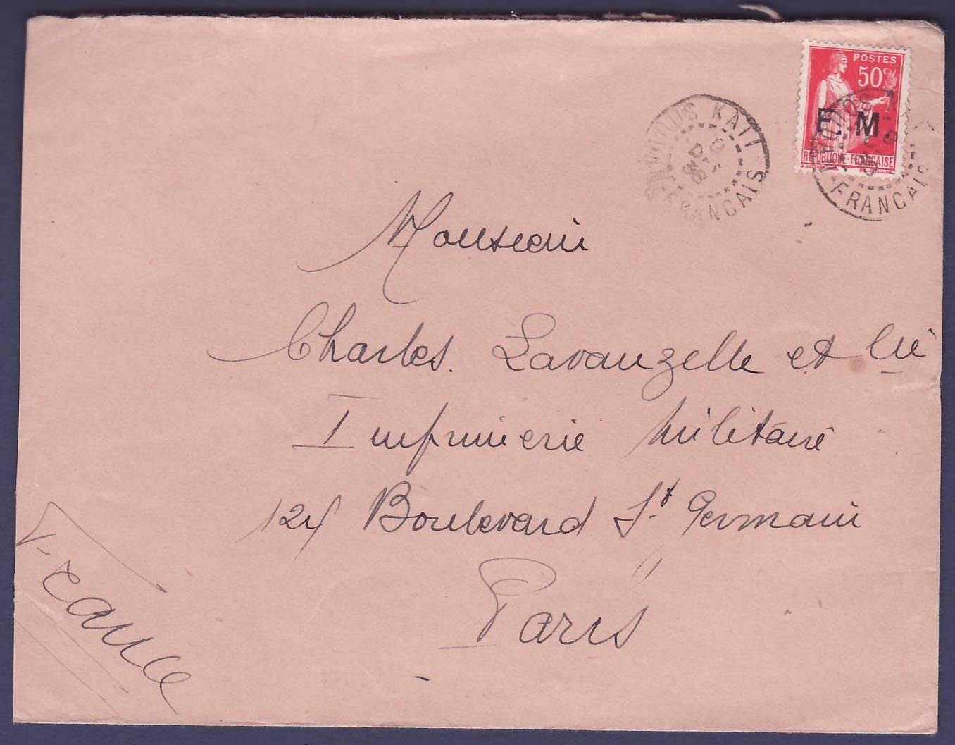 Soudan Lettre en Franchise Militaire avec Paix 50c SM obl Kati 1938 pour Paris  France  Rare