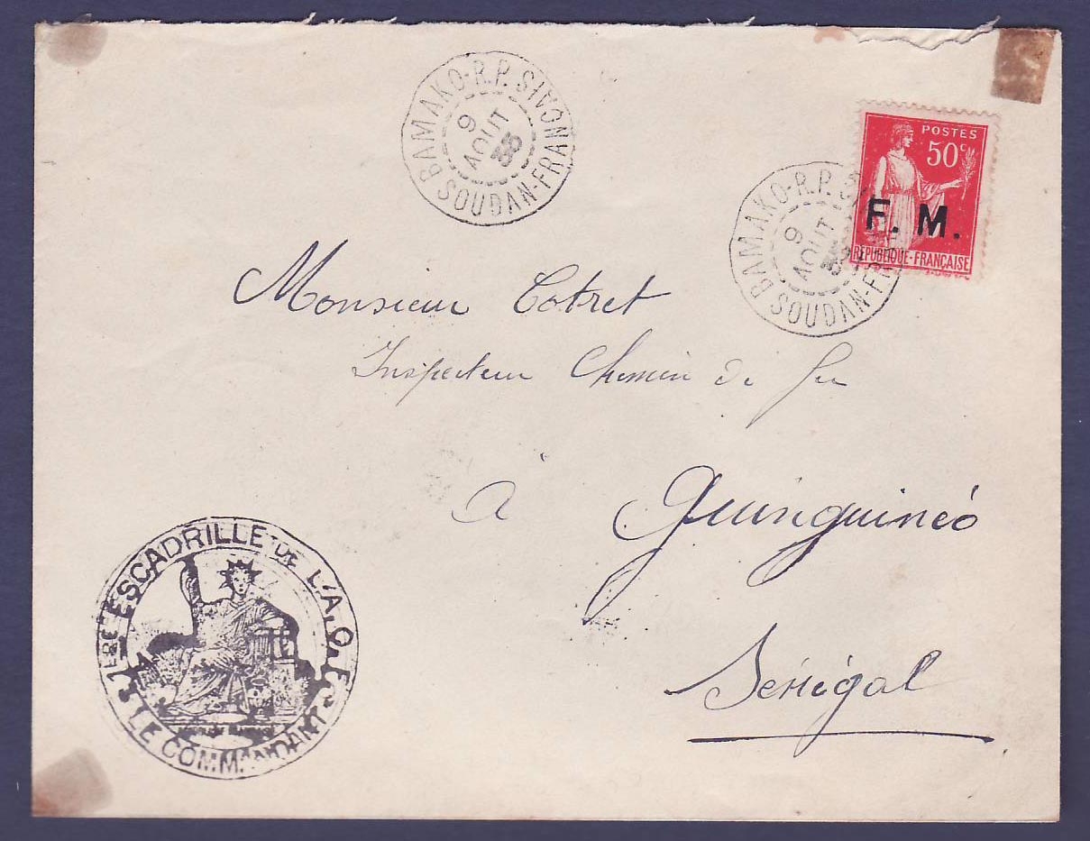 Soudan Lettre en Franchise Militaire avec Paix 50c SM obl Bamako 1935 pour Paris  France  Rare