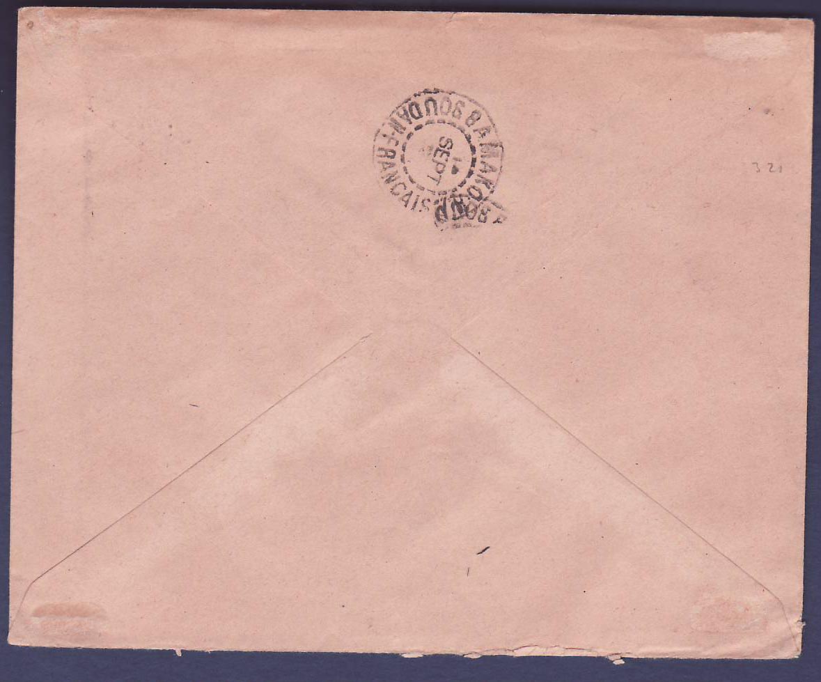 Soudan Lettre en Franchise militaire 50c Semeuse Lignee surchargee FM  obl Bandiagara 7 SEP 32  pour Rouen  Rare — Rückseite