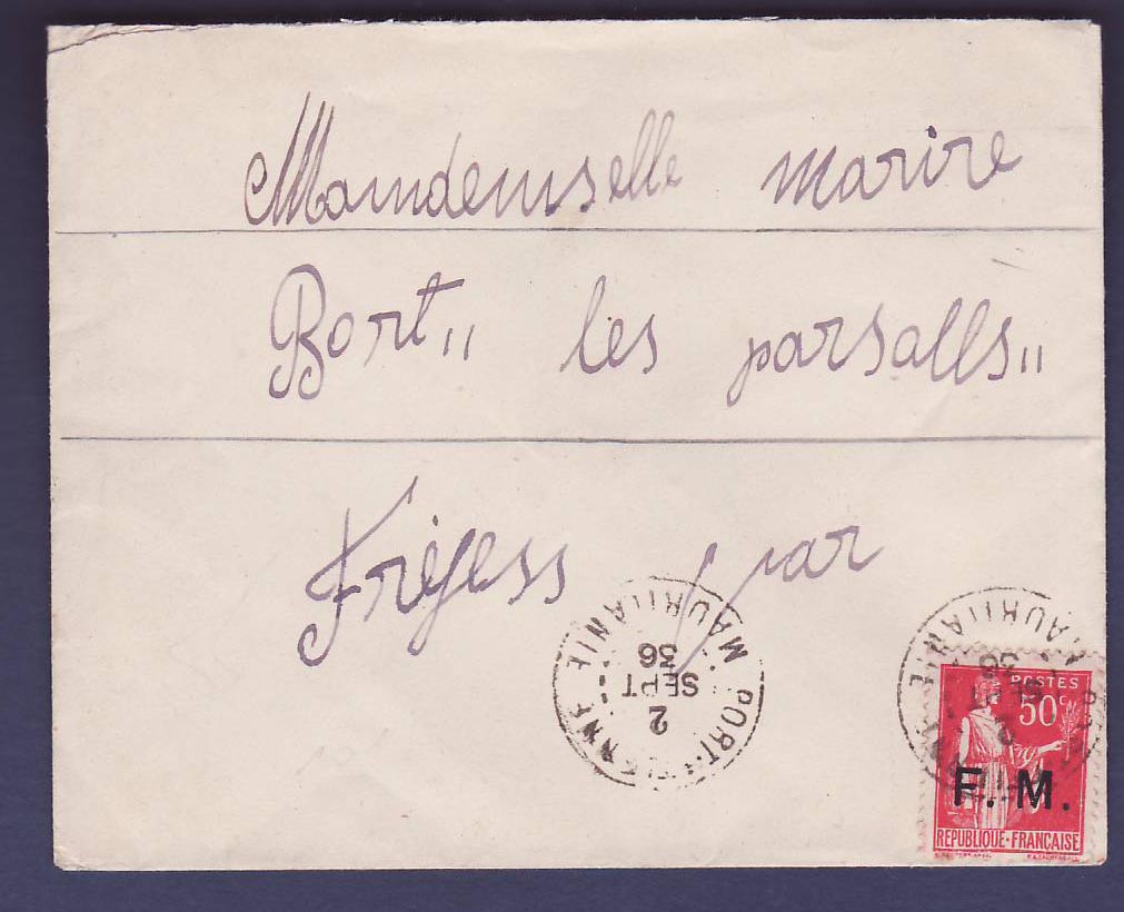 Mauritanie Lettre en Franchise Militaire avec Paix 50c FM obl Port Etienne SEP 36 Tress rare