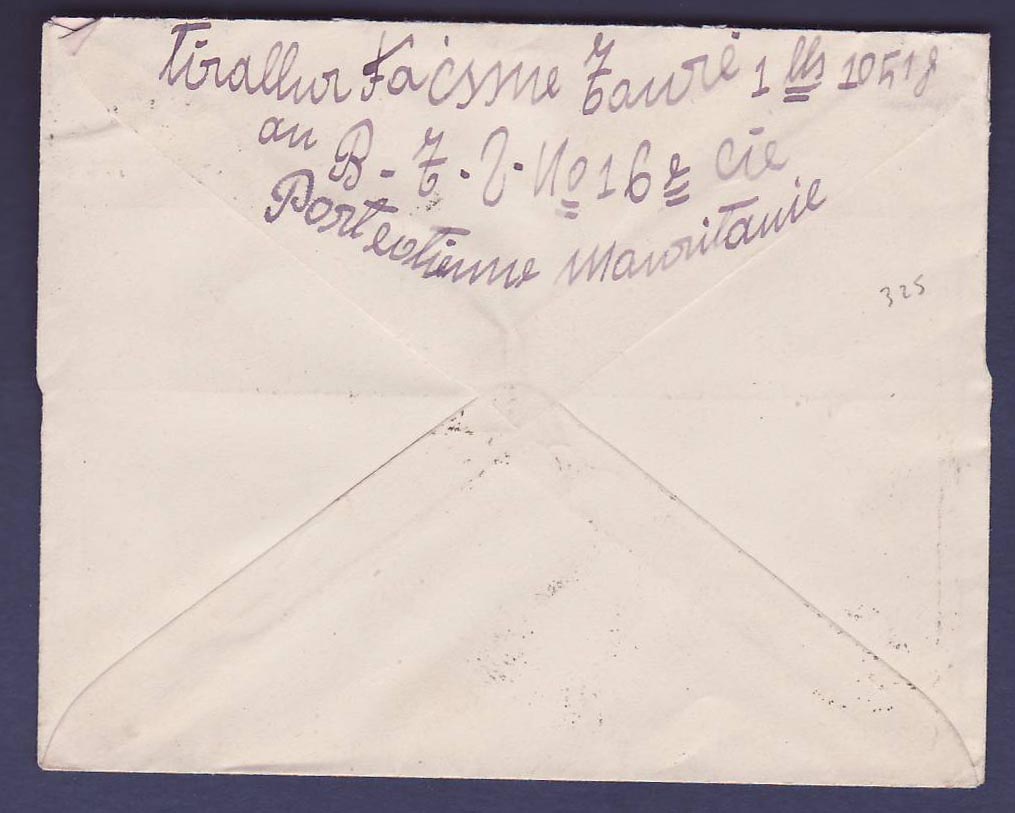 Mauritanie Lettre en Franchise Militaire avec Paix 50c FM obl Port Etienne SEP 36 Tress rare — Back