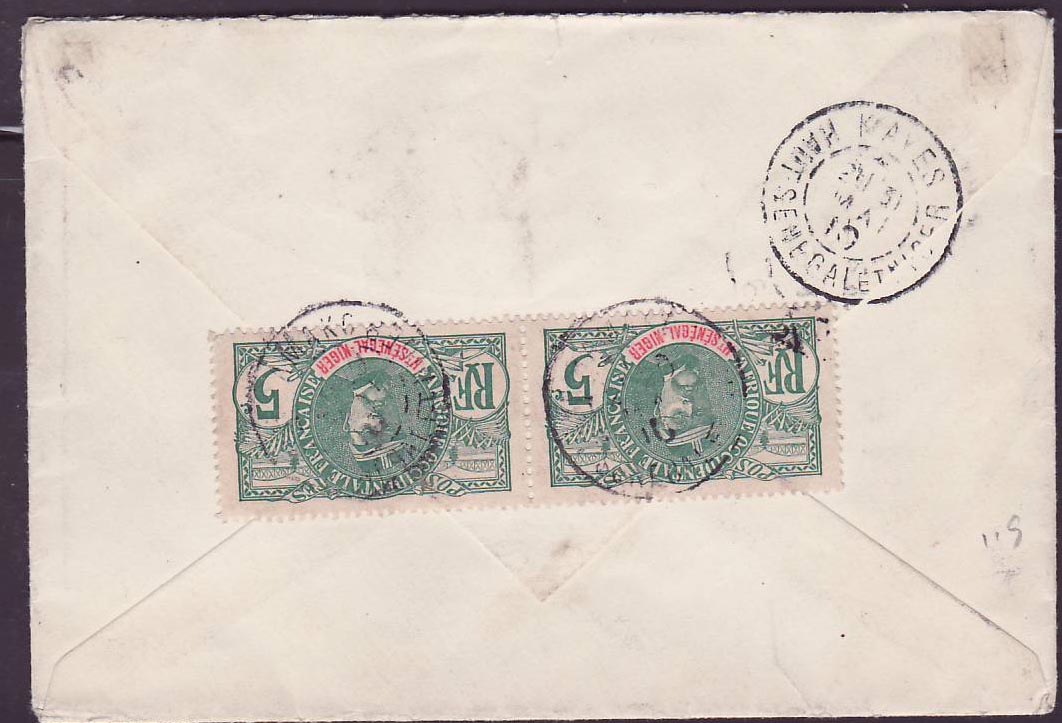 Haut Senegal & Niger Affranchissement Composé Faidherbe 2*1c + 4*2c obl Bamako Mai 10 pour Rue de Cambon Paris — Rückseite