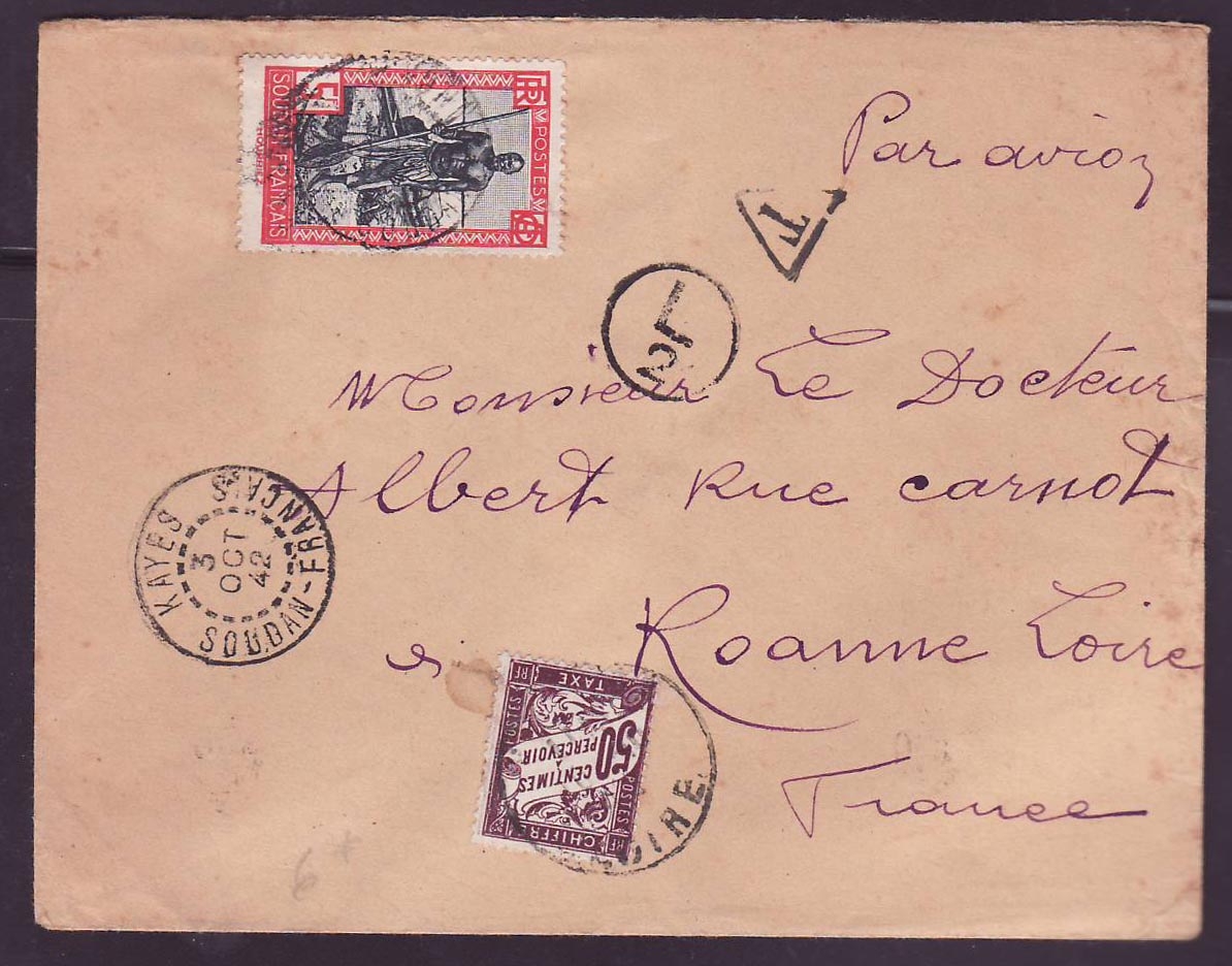 Soudan 5F seul sur lettre TAXEE 50c obl Kayes OCT 42 pour Roanne  France