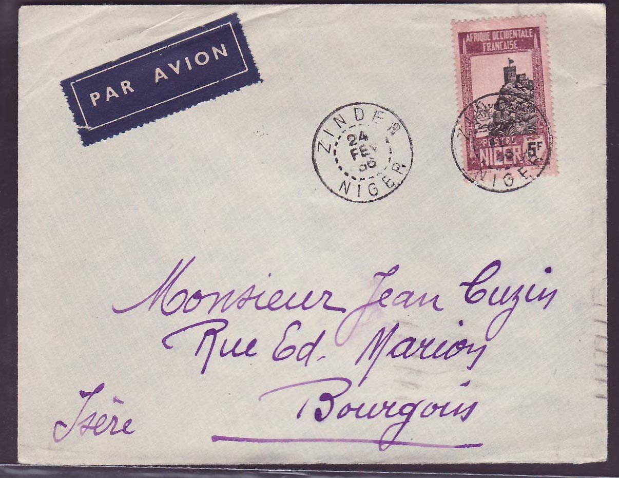 Niger 5F Seul sur lettre pour Bourgoin  Isere  France  cach 24 FEV 36