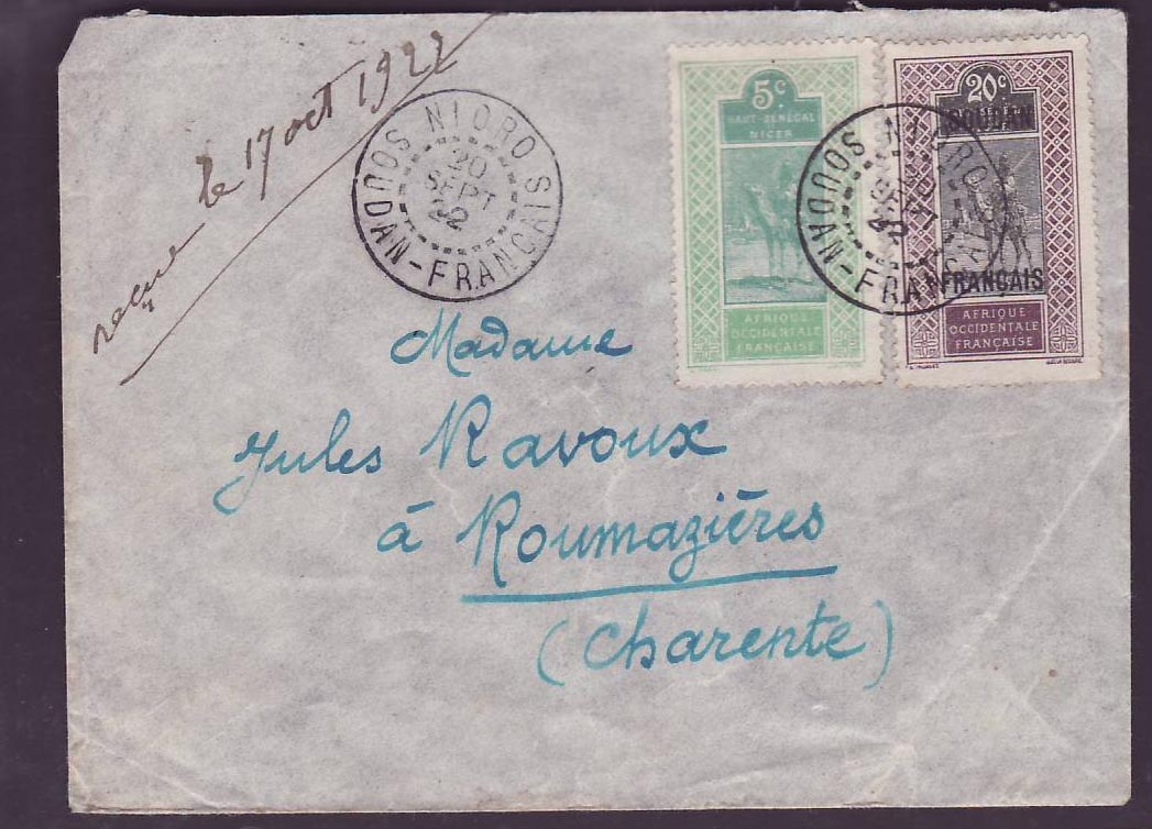 Soudan Lettre affr 20c + 5c obl Nioro 20 SEP 22 pour Roumazieres  Charente  France